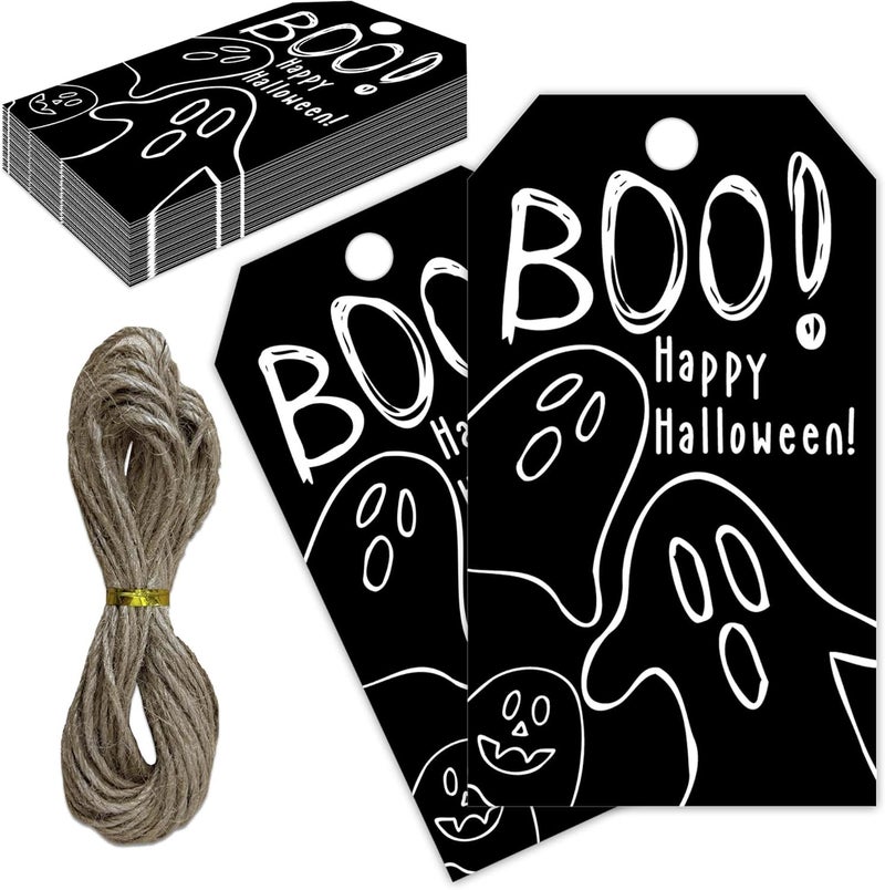 RPLCSPC Black Halloween Paper Gift Tags with String-50Pcs, Happy Halloween Cute Ghost Boo Tags for Goodie Bags, 2 x 3.5 Inch Writable Waterproof Hanging Labels for Decor Party Supplies, Gift Wrapping-B09 - Image 1